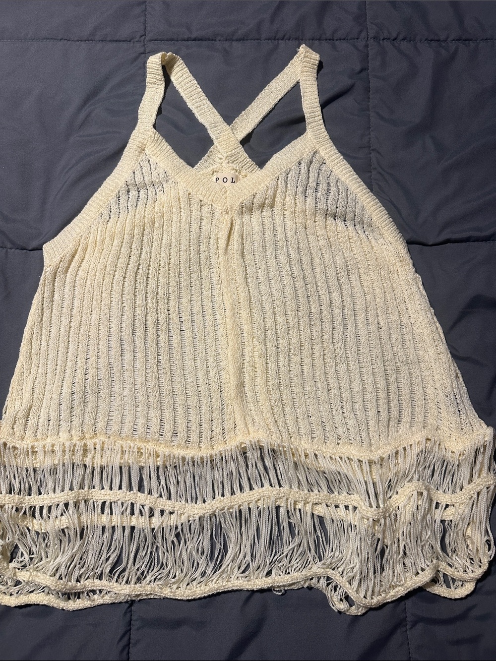 POL Cream Knit Fringe Cami with Cross Back Straps